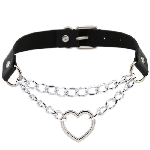 'Danger' Black Goth Heart Chain Faux Leather Choker