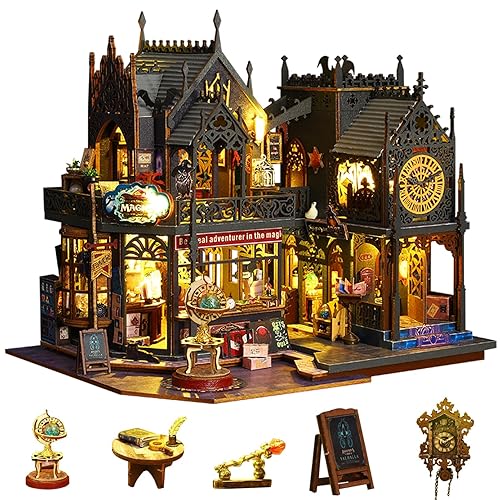 Plustopoy Miniature House Kit DIY Mini House Building Kit with LED Light, DIY Mini Dollhouse with Furniture Book Nook Kit, 3D Wooden Puzzle Wooden Bookend Shelf Insert Decro (Holo Magic City) - Holo Magic City