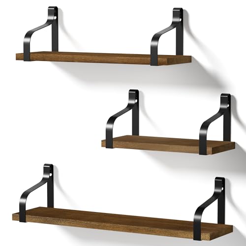 Love-Kankei Wall Shelf Wood, Hanging/Floating Wooden Shelf, U-Shape, Set of 3, Ideal for the Kitchen, Children's Room, Living Room, Bathroom, Length 43/33/23 cm, Dark Brown - Dark Brown