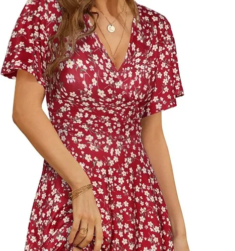 FENSACE Womens Sundress Summer Floral Short Sleeve Wrap V Neck A-Line Midi Dress - Blue Large