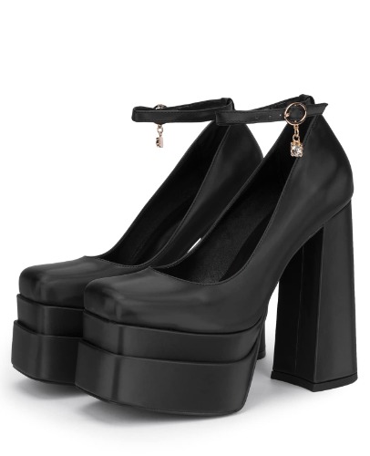 Pasuot Black Platform Heels Pumps for Women Closed Toe Chunky Heel Ankle Strap Buckle, Thick Bottom High Block Heeled Shoes with Pendant, Suit for Dating, Shopping, Party, Fashion - 8 Matt Black