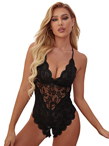 SOLY HUX Women's Floral Lace Scalloped Trim Criss Cross Back Lingerie Teddy Bodysuit - XX-Large - Black