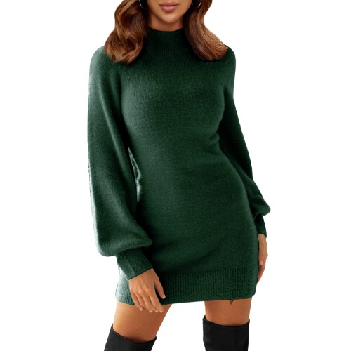 EXLURA Women's Mock Neck Ribbed Long Sleeve Bodycon Pullover Cute Mini Sweater Dress - Dark Olive Green Large