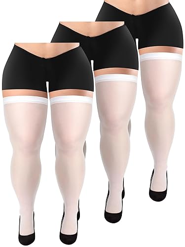 3 Pairs Plus Size Thigh High Stockings Semi Sheer Thigh High Socks Nylon over The Knee Tights Pantyhose for Women Girls - White