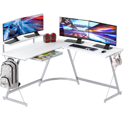 SHW Gaming L-Shaped Computer Desk with Monitor Stand, White - White