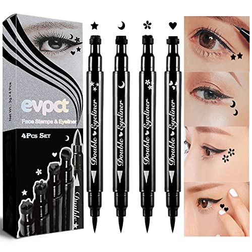 evpct 4in1 Star Flowers Hearts Moon Face Makeup Stamps Eyeliner Stamps Shapes Makeup Set Black Colored Liquid Winged Eyeliner Stamp Wingliner Waterproof Star Eye Liner Wing Eyeliner Stamp Figures Tool - 4 Count (Pack of 1) - Black