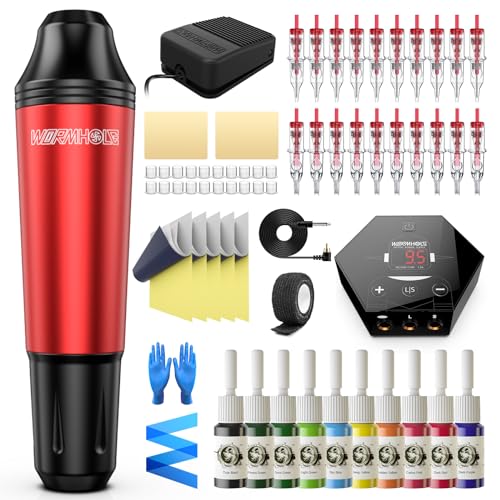 Tattoo Pen Kit Wormhole Cartridge Rotary Complete Professional Tattoo Machine for Beginners (TK108) (Red) - TK108