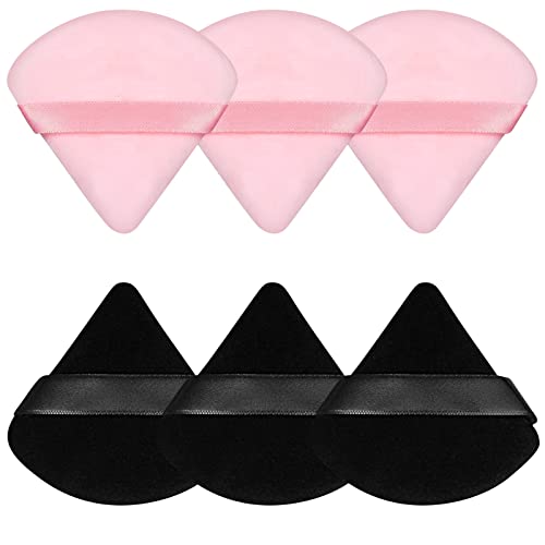 Pimoys 6 Pieces Powder Puff Face Makeup Sponge Soft Velour Triangle Powder Puffs for Loose Powder Setting Powder Cosmetic Foundation Beauty Sponge, Stocking Stuffers Gift for Women (Black, Pink) - Black and Pink
