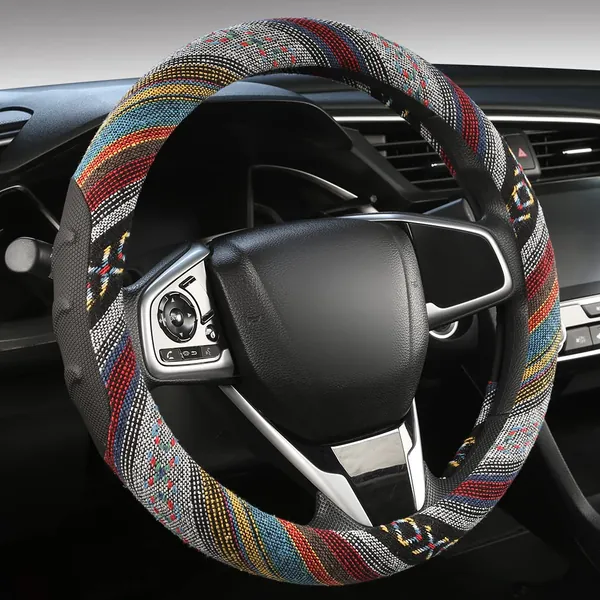 Baja Steering Wheel Cover,Deep Massage Grain,Boho Blanket Flax Cloth,Ethnic Style Auto Decor,15 Inch Universal Fit (fxp-01)