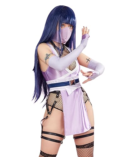 Mobbunny Womens Anime Cosplay Costume Purple High Slit Bodysuit Fishnet Mesh Bodysuit with Mask and Thigh Socks - Small - Purple