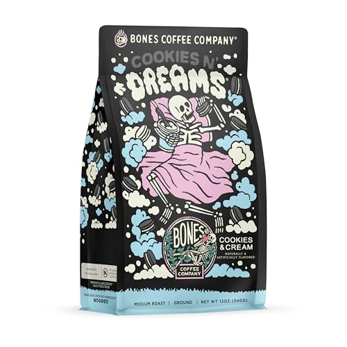 Bones Coffee Company Cookies 'N Dreams Flavored Coffee Beans & Ground Coffee Cookies & Cream Flavor | 12 oz Medium Roast Arabica Low Acid Coffee | Gourmet Coffee (Ground) - Cookies & Cream (Ground)