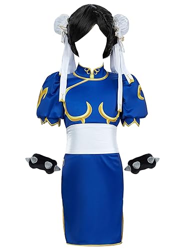 Micotaku Street Fighter Officially Licensed Girl’s Chun Li Cosplay Costume Cheongsam for Age 3+,Socks, Bracelets, Hair ties - Small