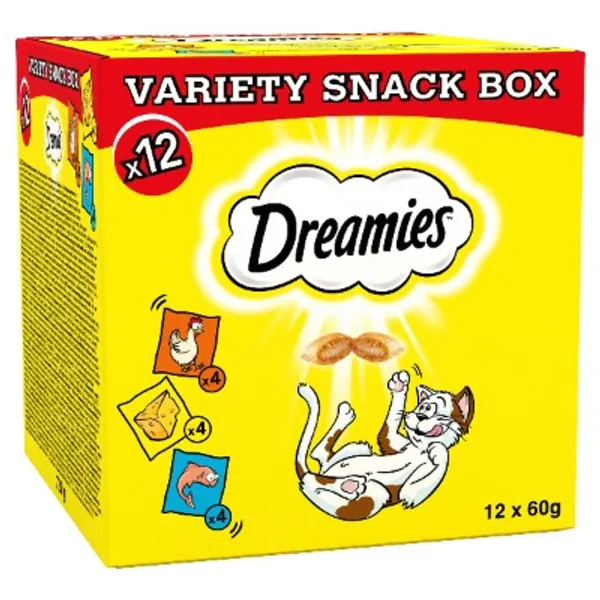 Dreamies Cat Treats Variety Pack, snacks with chicken, salmon and cheese, 12 pouches of 60 g