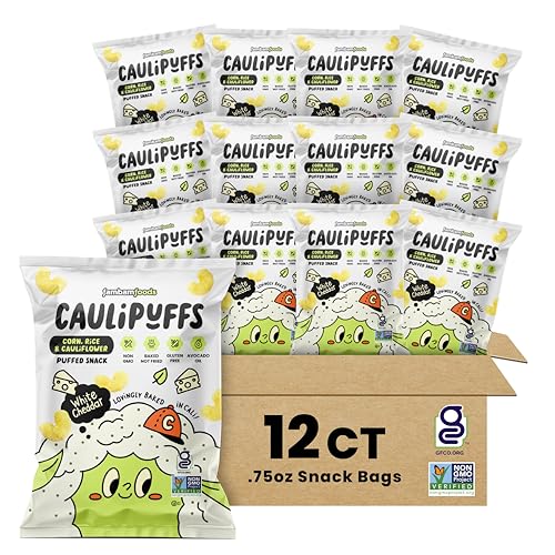 Caulipuffs, White Cheddar Cheese Puff Snacks – Light and airy with the perfect chunch - gluten-free, non GMO, baked in avocado oil, low calorie snack (Box of 12, 0.75oz bags) - White Cheddar