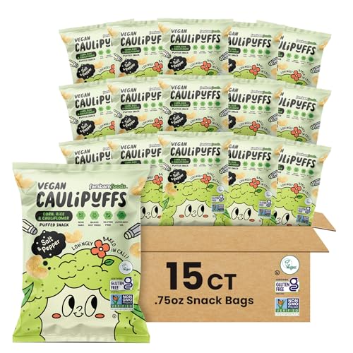 Vegan Salt & Pepper CauliPuffs - Corn Rice and Cauliflower Gluten Free Puffed Snack (Box of 15, 0.75oz bags)