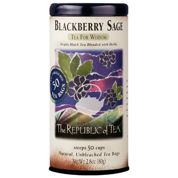 The Republic of Tea Gourmet Blackberry Sage Black Tea, 2.8 oz Tin | 50 Tea Bags, Gourmet Black Tea - Blackberry Sage 50 Count (Pack of 1)