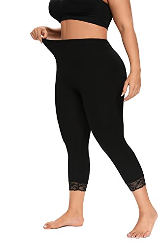 ELISS Women's Plus Size Modal Capri Leggings,Soft and Stretchy Cropped Legging 3/4 Length Pants (1X-4X) - 4X-Large - Black With Lace Trim