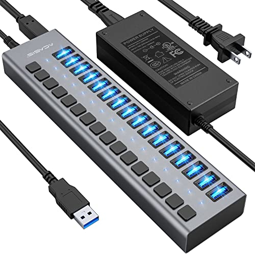 Powered USB Hub - ACASIS 16 Ports 90W USB 3.0 Data Port, Individual On/Off Switches, 12V/7.5A Power Adapter, 5Gbps High Speed, USB 3.0 Hub for Laptop, PC, Computer, Mobile HDD, Flash Drive - 16 Ports