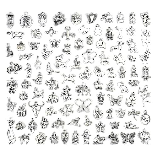 JIALEEY Wholesale 100 PCS Mixed No Repeated Silver Pewter Smooth Metal Charms Pendants DIY for Necklace Bracelet Dangle Jewelry Making and Crafting, Animal Charms
