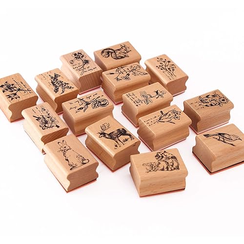 15pcs Wooden Rubber Stamps Animals and Plants Patterns Stamps Set for DIY Craft Card Scrapbooking Supplies