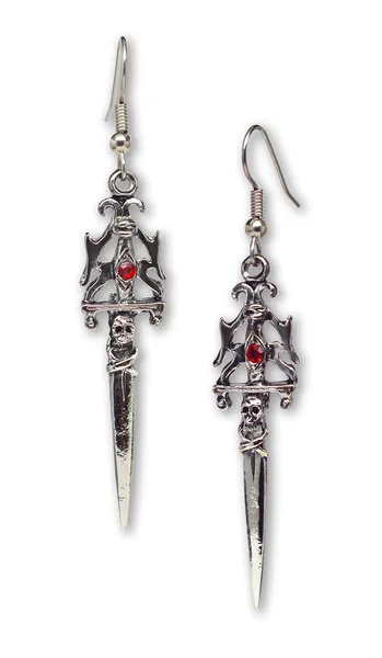 Gothic Skull Dagger Medieval Renaissance Dangle Earrings with Red Austrian Crystals