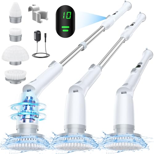 Hymeago Electric Spin Scrubber, Electric Cleaning Brush with LED Display and 4 Replaceable Brushes, 2 Speeds and 3 Angles Adjustable, Cordless Power Scrubber with Extension Arm for Bathroom Floor Tile - White