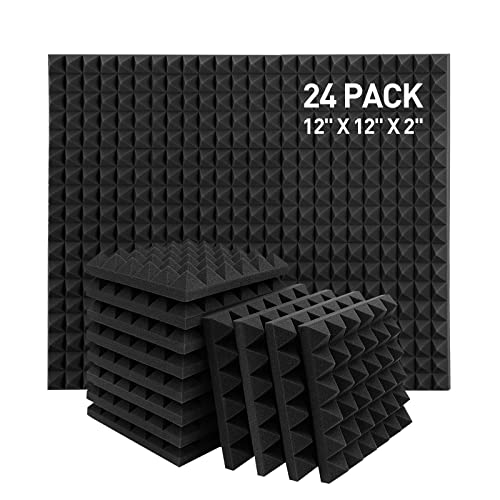 HERTBER 24 Pack Acoustic Panels, 12 x 12 x 2 Inches Sound Proof Foam Panels for Walls, Acoustic Foam Panels, Soundproof Wall Panels, Flame Retardant Sound Panels (12X12X2 inches, black-24pack) - 12X12X2 inches - 24 Pack Pyramid