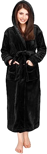 NY Threads Womens Fleece Hooded Bathrobe Plush Long Robe - Large - Black