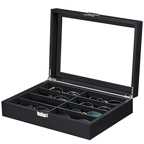 BEWISHOME Sunglasses Organizer, 8 Slot Sunglasses Case for Men, Eyeglasses Storage Box with Clear Glass Top, Carbon Fiber, Black SSH38C - 8 Slot/Carbon Fiber