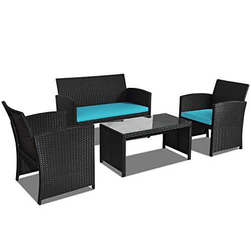 Goplus Rattan Patio Furniture Set 4 Pieces, Outdoor Wicker Conversation Sofa and Table Set with Soft Cushions & Tempered Glass Coffee Table for Balcony Garden Backyard (Turquoise) - Turquoise