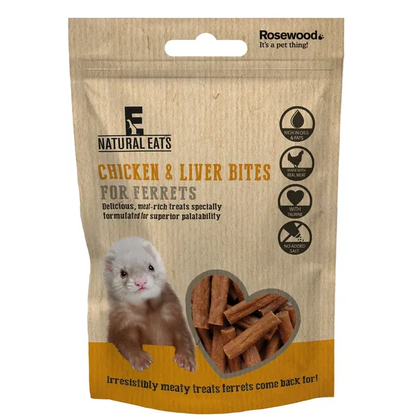 NATURAL EATS *NEW* 3 X 50G CHICKEN & LIVER FERRET BITES REAL MEAT TREATS 60460