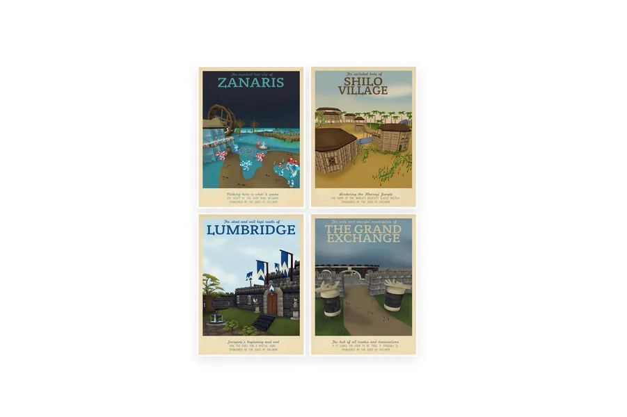 Retro Travel Poster - Runescape - Set of 4 - MANY SIZES - Modern Vintage OSRS Wizard Geek Gamer Gaming Typography Print