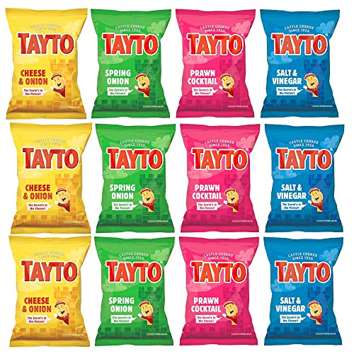 Tayto 12 packs Assorted Crisps Prawn Cocktail Cheese Onion Salt Vinegar Spring Onion (12 x 25g bags)