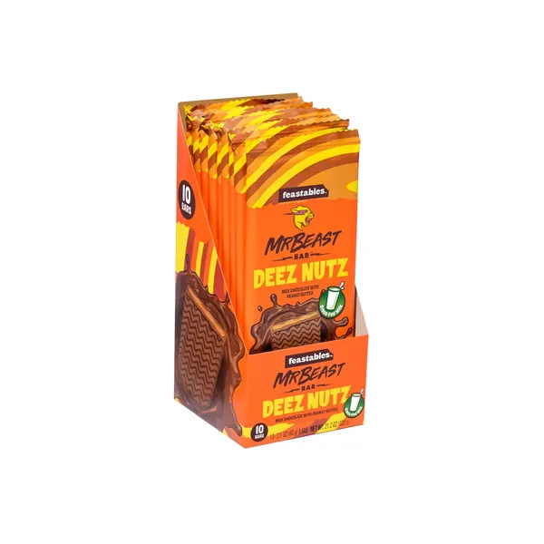 Feastables MrBeast Milk Chocolate Bars with Peanut Butter - Deez Nuts - Made with Grass-Fed Milk Chocolate and Organic Cocoa. Only 7 Ingredients, 10 Count - Peanut Butter Milk Chocolate (Deez Nuts) 10 Count (Pack of 1)