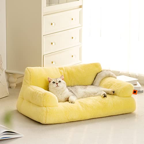 Pet Couch Bed, Washable Cat Beds for Medium Small Dogs & Cats up to 25 lbs, Durable Dog Beds with Non-Slip Bottom, Fluffy Cat Couch, 26×19×13 Inch (Yellow) - Yellow