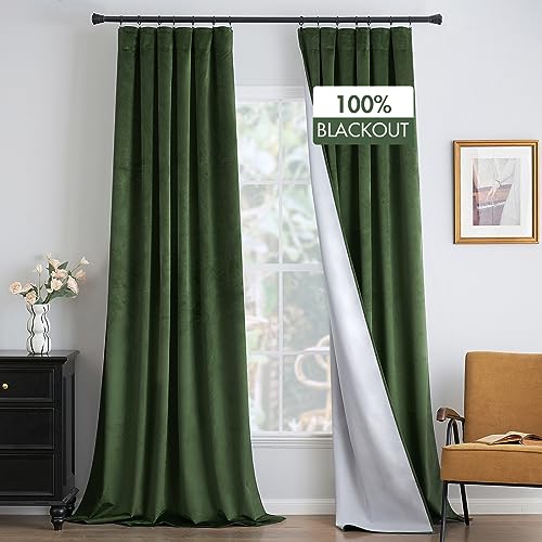 MIULEE 100% Blackout Velvet Curtains Olive Green Thermal Insulated Curtain Drapes for Luxury Bedroom Living Room Darkening 84 Inches Long Black Out Curtain Panels Rod Pocket Set of 2 - 52"W*84"L - Olive Green