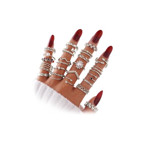 KISS WIFE Gold Silver Stackable Knuckle Rings Set for Women Girls, Boho Trendy Dainty Cute Sparkling Aesthetic Midi Rings Pack,Crystal Rhinestone Pearl Costume Jewelry, Christmas Gifts for Teen Girls - Silver-1