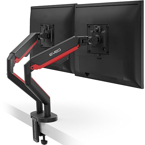 EVEO Premium Dual Monitor Mount 14-32” Dual Monitor Stand Vesa Bracket Adjustable Height Gas Spring Monitor Stand for Screen Full Motion Dual Monitor Arm-Computer Monitor Stand for 2 Screens - Red - Dual Monitor Mount - Red