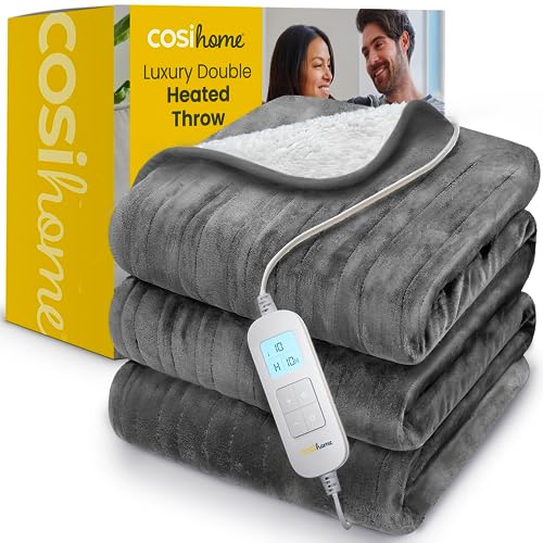 Cosi Home Couverture Chauffante Electrique, Plaid Chauffant Double 200 x 150cm, 10 réglages de Chaleur, Lavable en Machine, Flanelle Sherpa - Gris - 200 x 150 cm - Gris