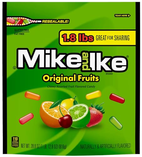 Mike and Ike Original Candy - 1.8 lbs (1 Pack) - Chewy Movie Candy Bulk Size 1.8 lb - Comes with Common Classic Candy Sticker