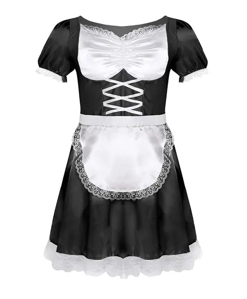 Loloda Men's Satin French Maid Uniform Set Crossdressing Lingerie Outfit Dresses with Apron - Black Large