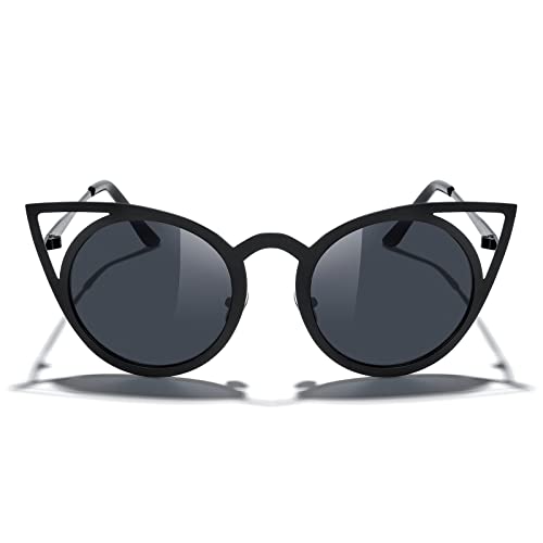 MERRY'S Cat Eye Sunglasses Round Metal Cut-Out Flash Mirror Lens Sun glasses S8064 - Black - 50 Millimeters