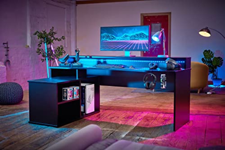 RestRelax - Alpha Gaming Desk UK's #1 Gaming Desk With LED Lights 200CM x 91CM x 125.5CM Computer Desk Workstation For Large PC Or Home Office Desk The Perfect L Shaped Office Desk