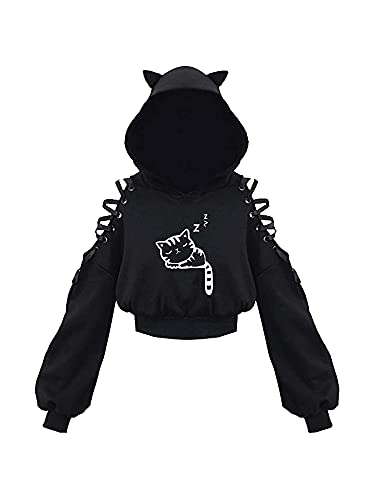 Loalirando Women's Cute Cat Ear Crop Top Oversized Hoodie Off Shoulder Hollow Out Long Sleeve Black Punk Gothic Sweatshirts - XL - Little Cat