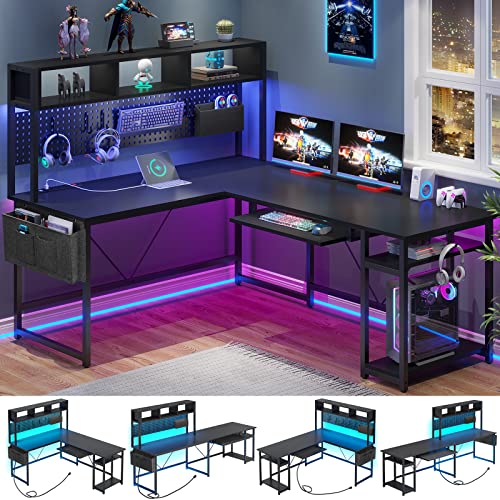SEDETA L Shaped Gaming Desk, Reversible Computer Desk with Power Outlet and Pegboard, Gaming Desk with Led Lights, Keyboard Tray and Storage Bag for Home Office, Black - Black With Power Outlet and Pegboard