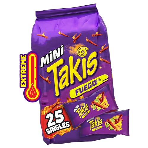 Takis Fuego Mini 25 pc / 1.23 oz Bite Size Multipack, Hot Chili Pepper & Lime Flavored Extreme Spicy Rolled Tortilla Chips - Fuego