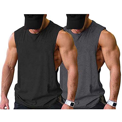 COOFANDY Men Workout Tank Top 2 Pack Gym Bodybuilding Sleeveless Muscle T Shirts - Large - Black/Dark Grey(2pcs)