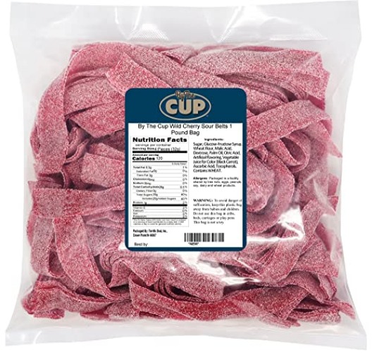 By The Cup Sour Power, Wild Cherry Sour Belts, 1 Pound Bag - Wild Cherry
