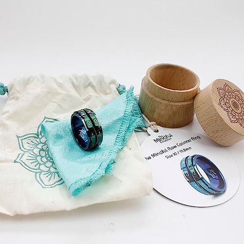 Yarn Ave Mindful Teal Colorful Row Stitch Counter Ring with Wood Box, Stainless Steel Knitting&Crocheting Useful Counting Tool Accessory, Manual Progress Tracking Tool (Size 8 (18.2mm)) - Size 8 (18.2mm)