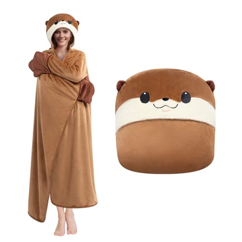 Mewaii Wearable Oversized Blanket Hoodie for Adults, Otter Blanket Hooded Cloak, Warm and Cozy Flannel Cute Animal Blanket Hoodie, Funny Birthday Blanket Gifts for Women and Males - Otter